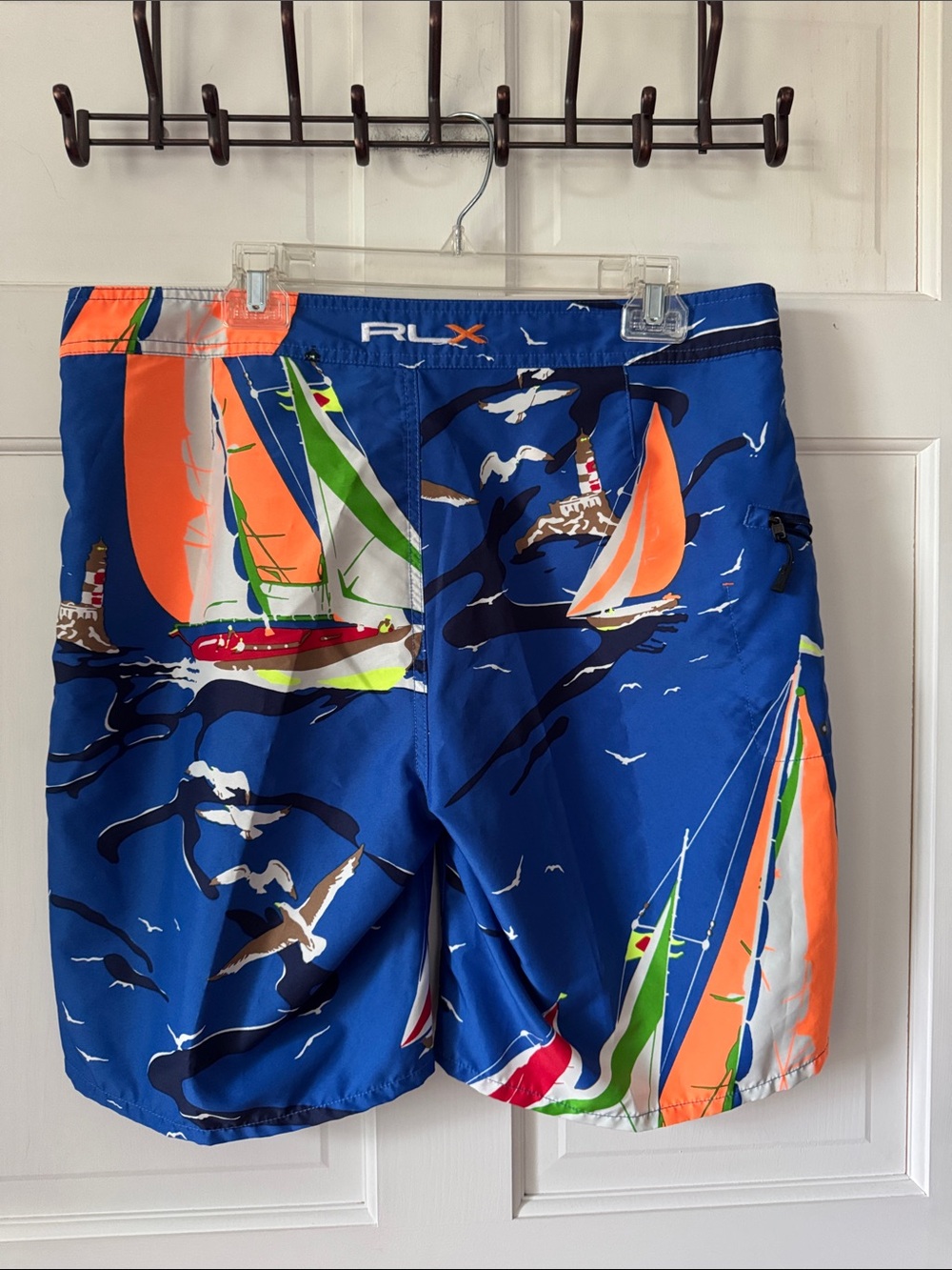 Ralph Lauren RLX Sailboat-Print Swim Board Shorts with Orange & Green Accents - Picture 10 of 15